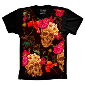 Camiseta Skull Caveira Rosas Vermelhas
